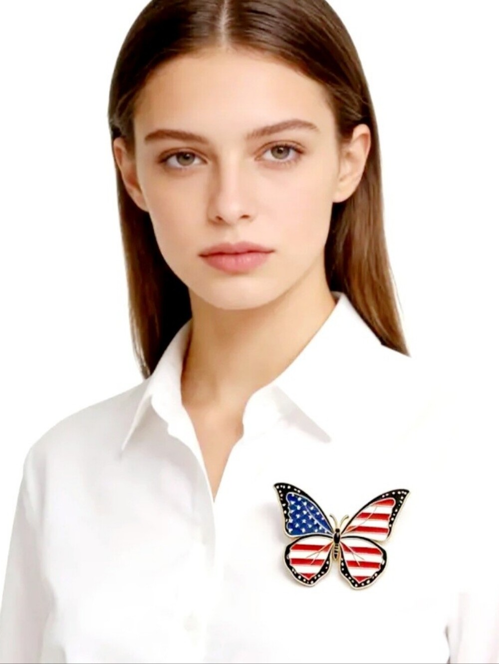 American Flag Butterfly Enamel Brooch - Red, White & Blue - Picture 2 of 4